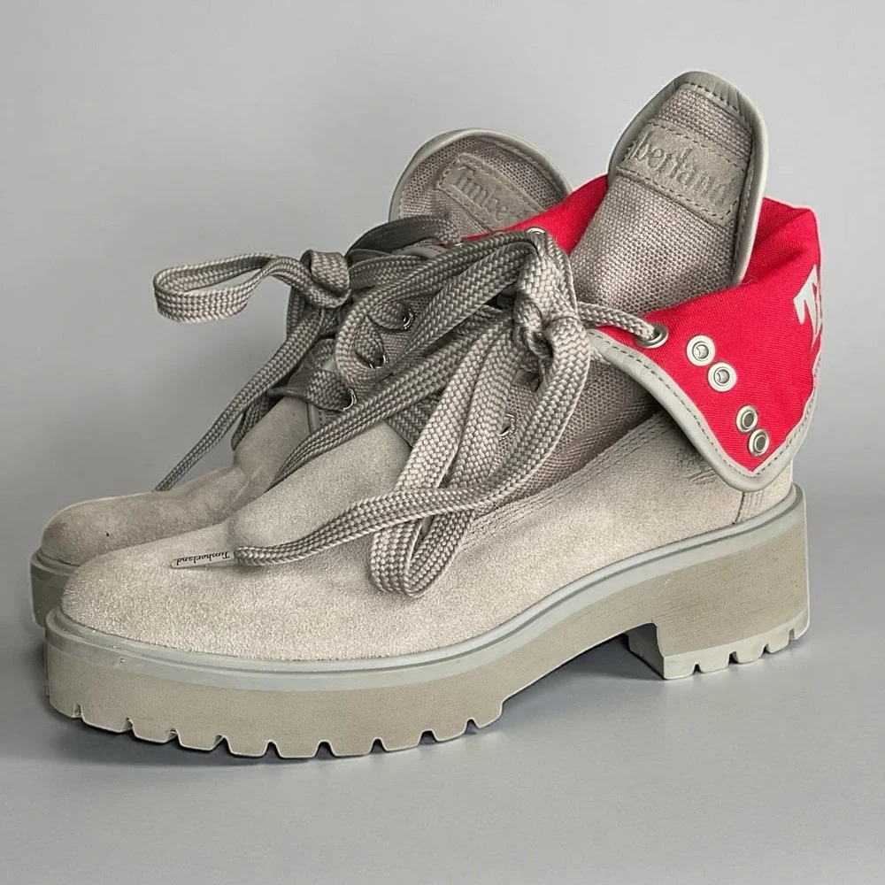 Timberland Carnaby‎ Fold-Down Grey Red Boots Womens Size 6 Waterproof Minimalist - Picture 3 of 9